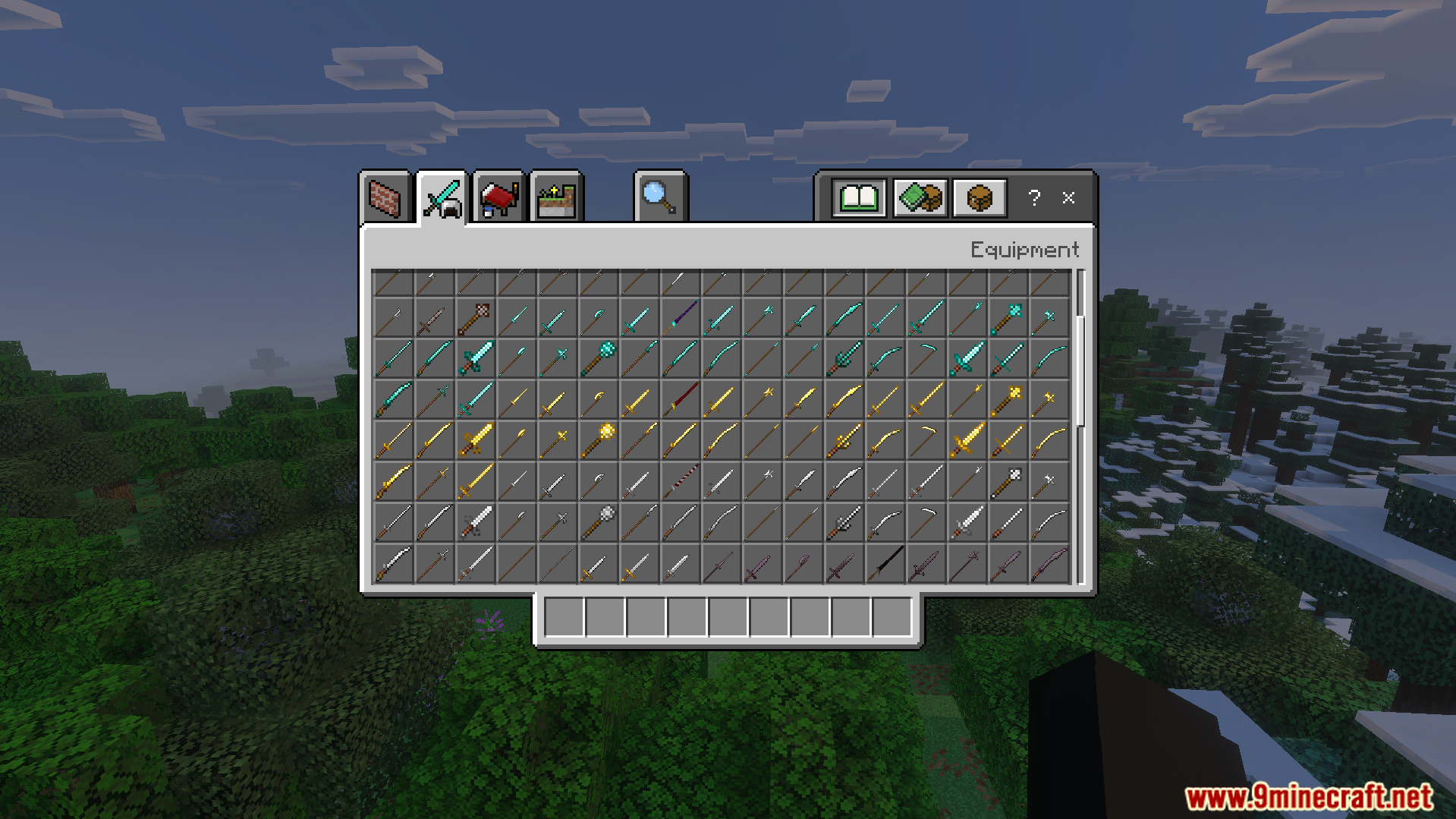 Epic Knights Plus Addon Screenshot 2 Player viewing many new medieval weapons in the creative inventory equipment tab