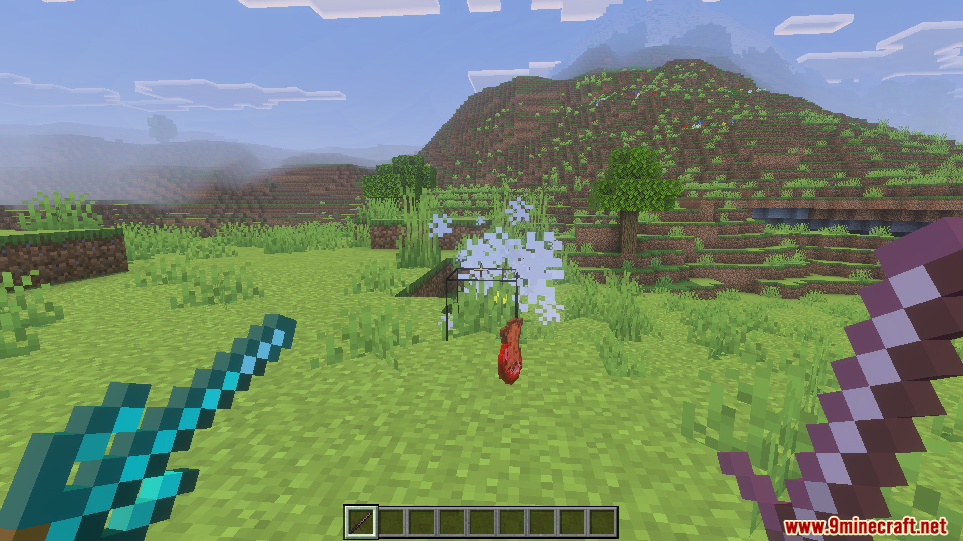Epic Knights Plus Addon Screenshot 8 First person view of player dual wielding medieval swords near floating meat