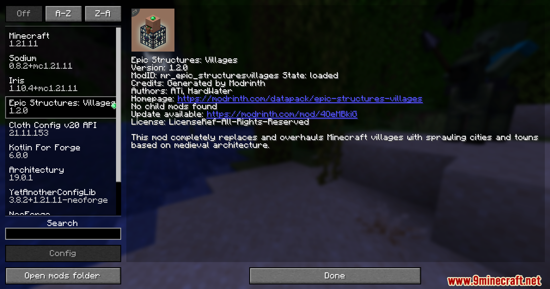 Epic Structures Villages Mod Screenshot 1 Information screen for the Epic Structures Villages mod in the Minecraft menu