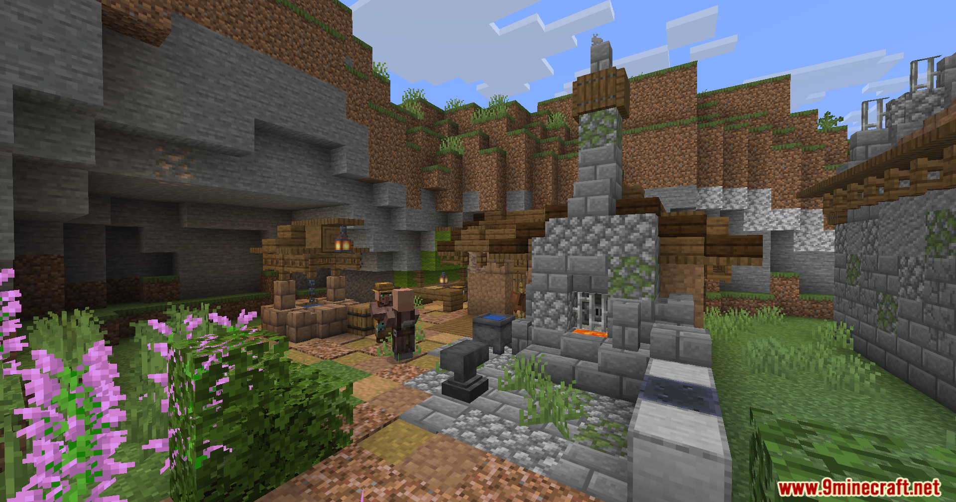Epic Structures Villages Mod Screenshot 6 A villager stands by a stone blacksmith forge with an anvil and lava