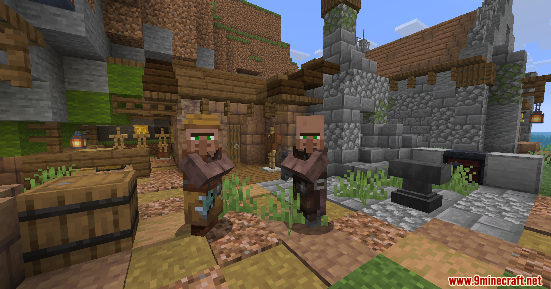 Epic Structures Villages Mod Screenshot 7 Two villagers standing near an anvil in a detailed medieval village