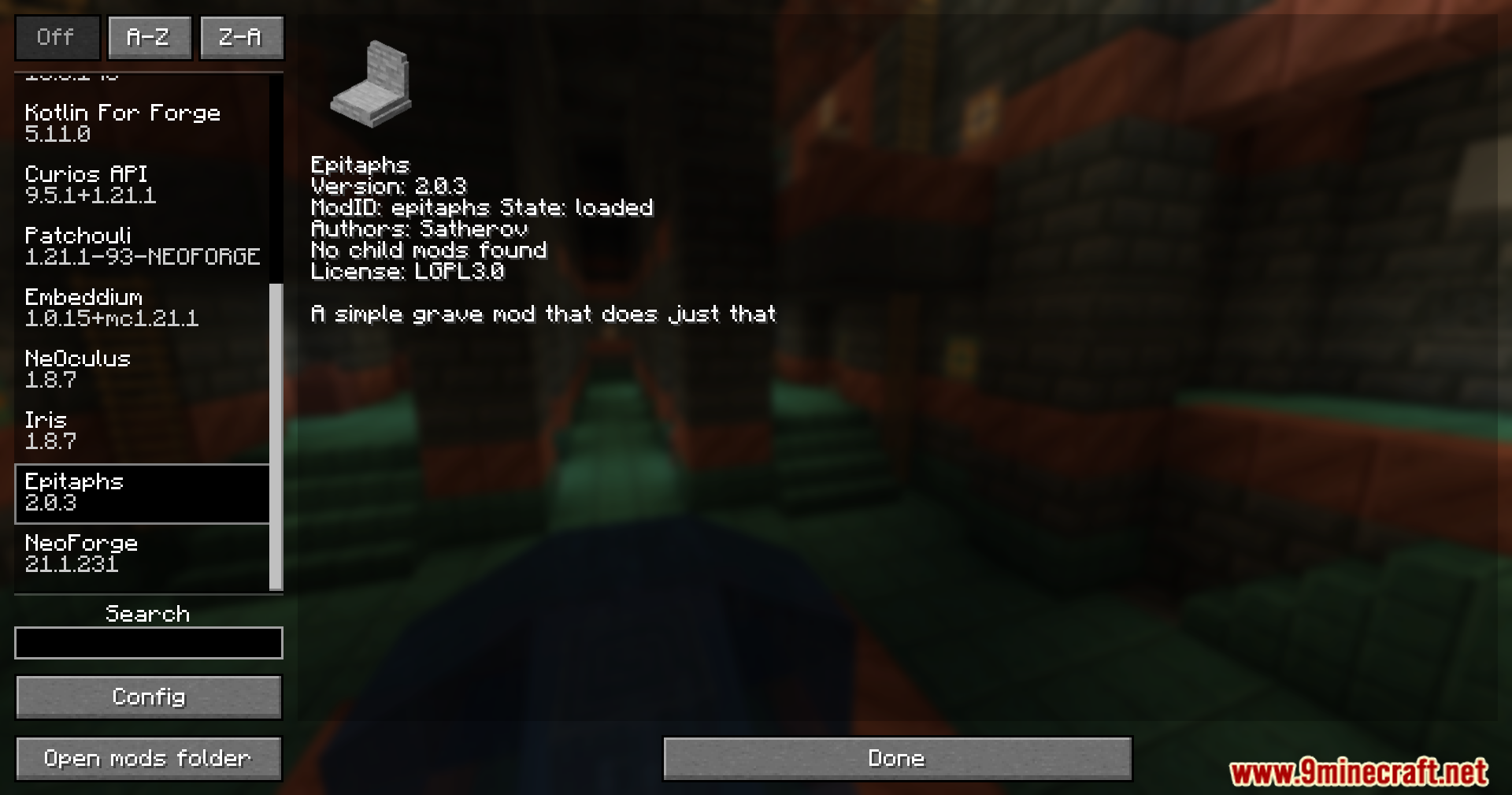 Epitaphs Mod Screenshot 1 Minecraft mod list interface showing details for the Epitaphs grave mod