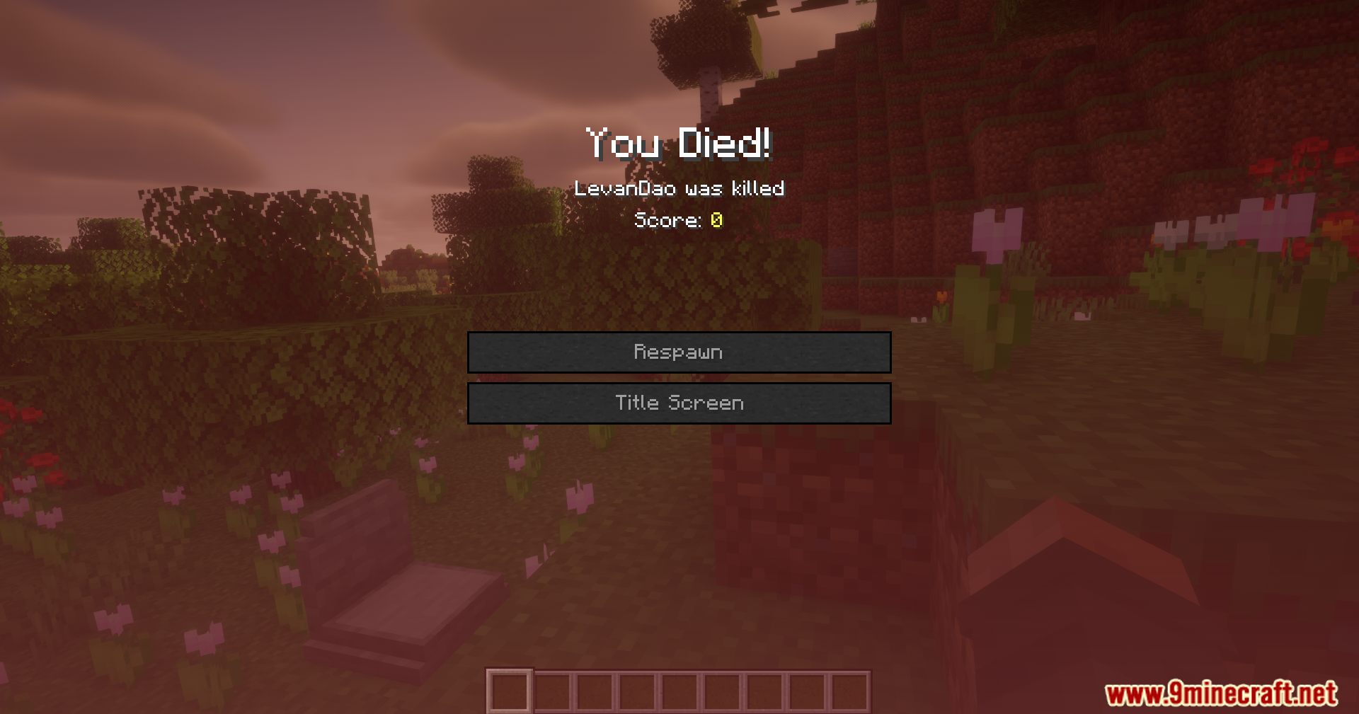 Epitaphs Mod Screenshot 2 Player death screen in a flower field with a stone grave block