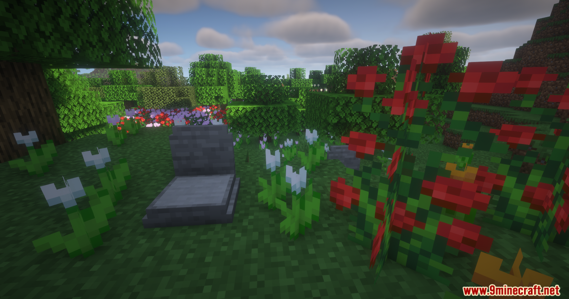 Epitaphs Mod Screenshot 7 A stone grave sits in a field of white and red flowers