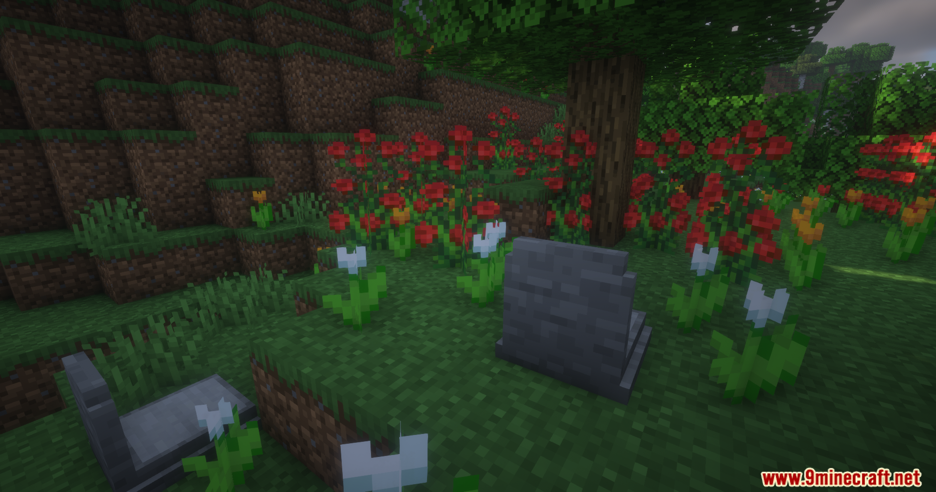 Epitaphs Mod Screenshot 8 Two stone graves are placed among red flowers near a grassy hill