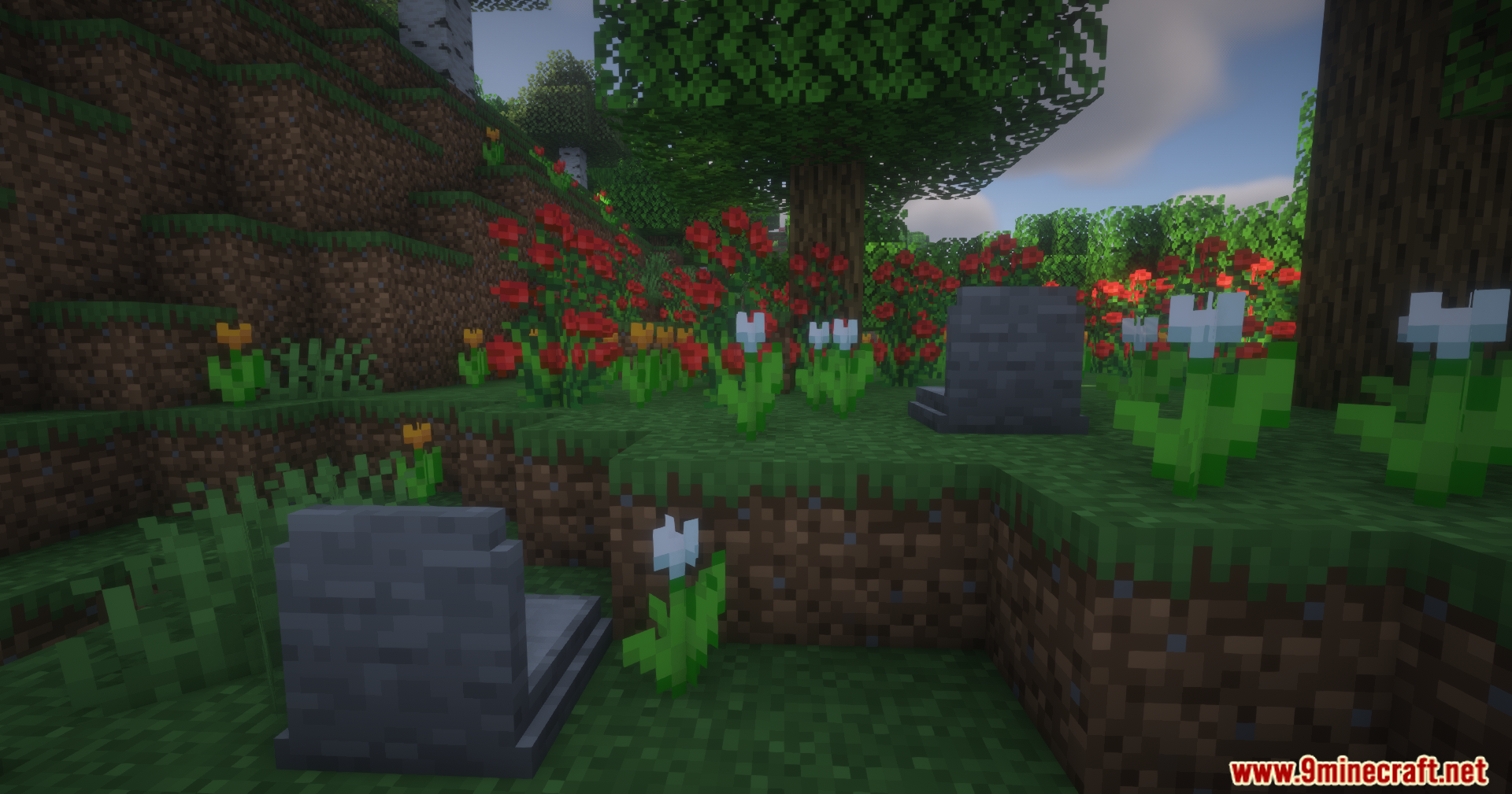 Epitaphs Mod Screenshot 9 Two stone graves placed among red and white flowers in a forest