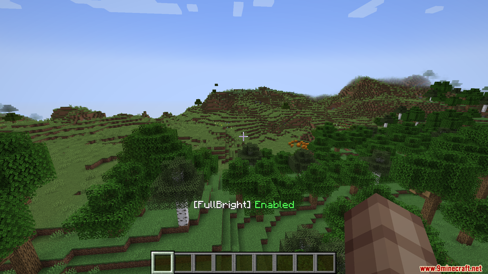 Minecraft landscape showing green hills and trees with FullBright mode enabled
