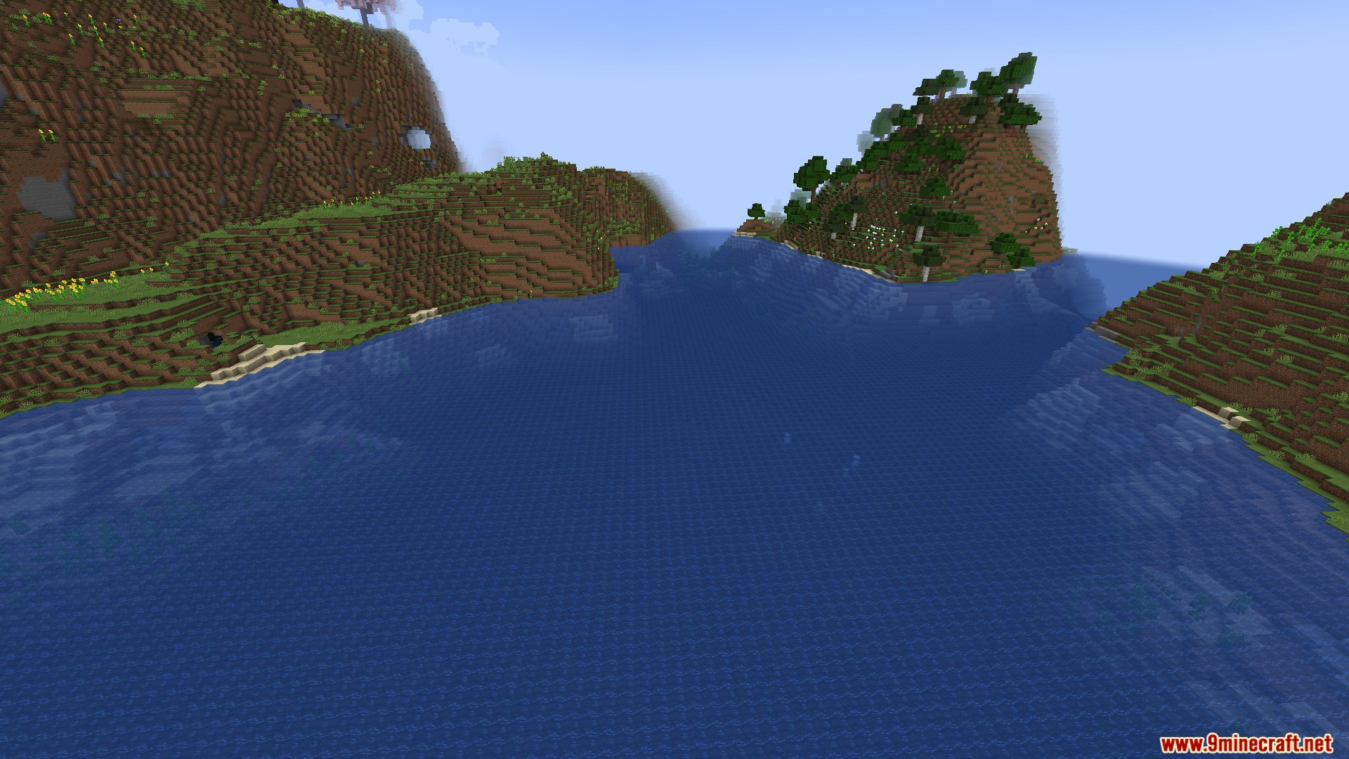 Standard Minecraft landscape showing dark water with limited underwater visibility