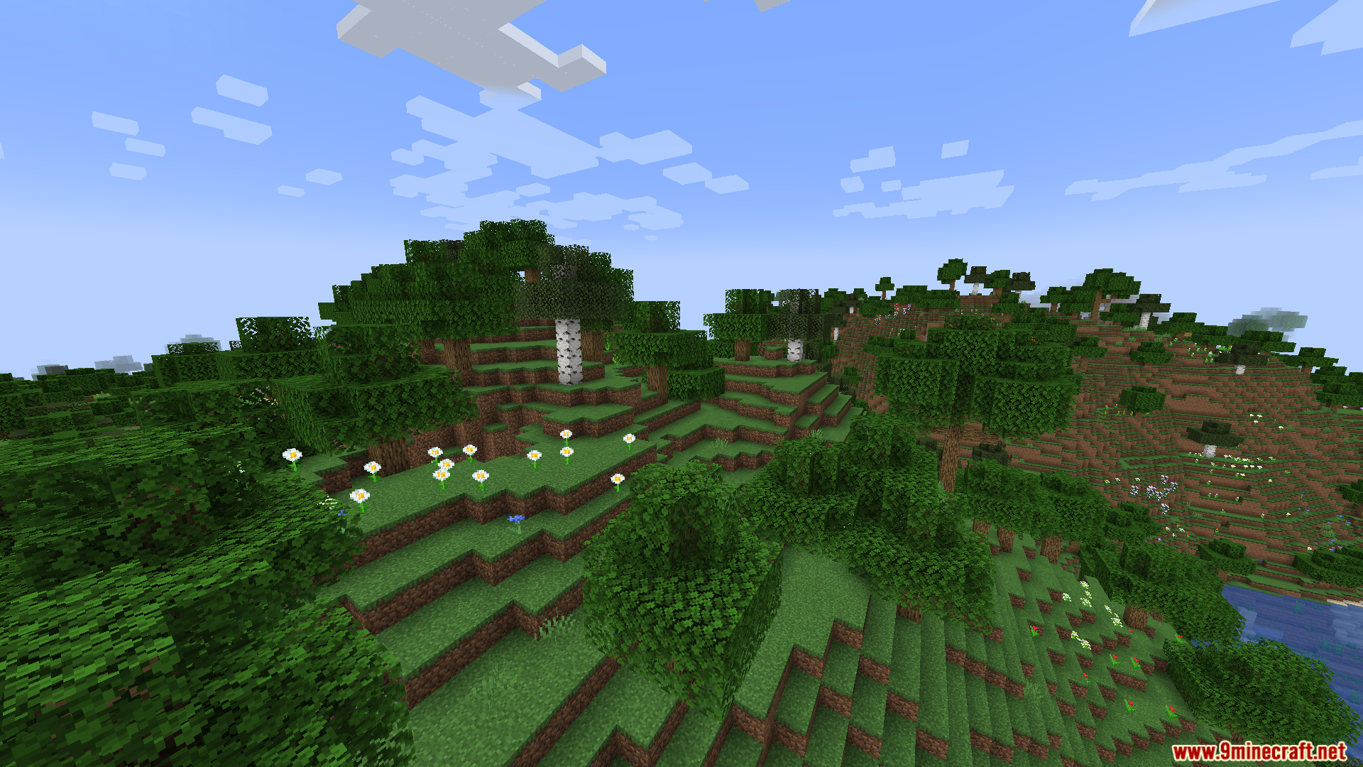 Lush green hills with oak and birch trees under a clear sky