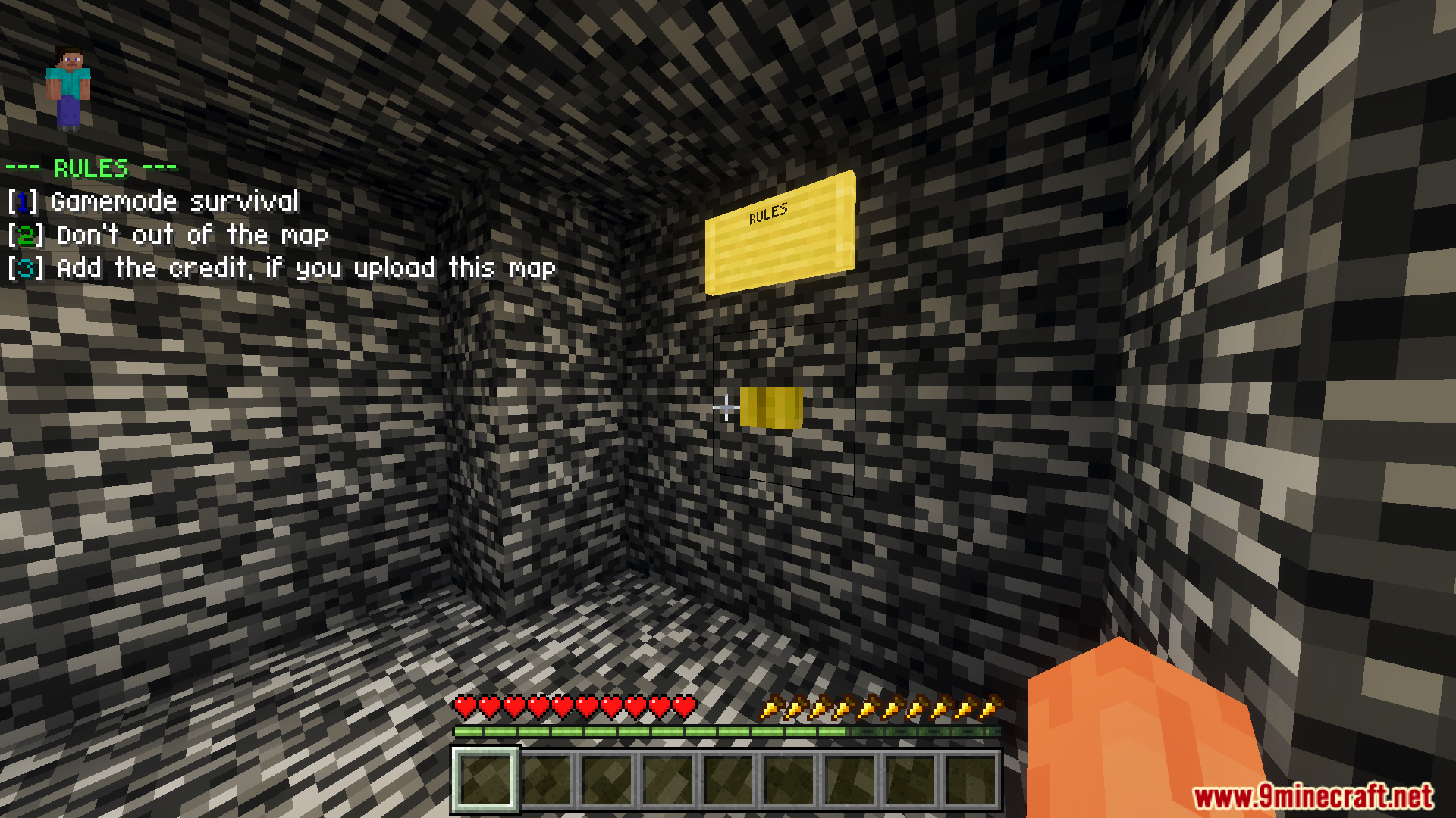 A bedrock room showing rules for the prison escape map series finale