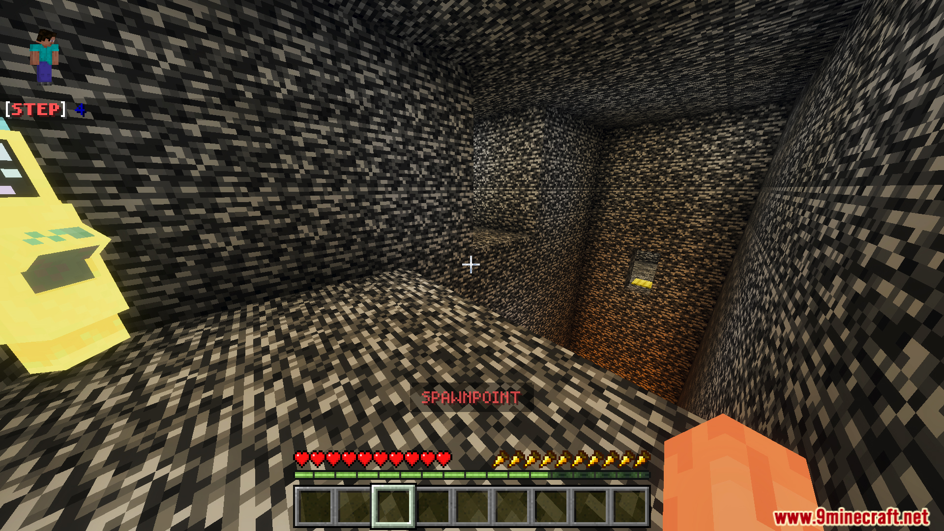 Player looking down a deep bedrock pit with small platforms for parkour challenges