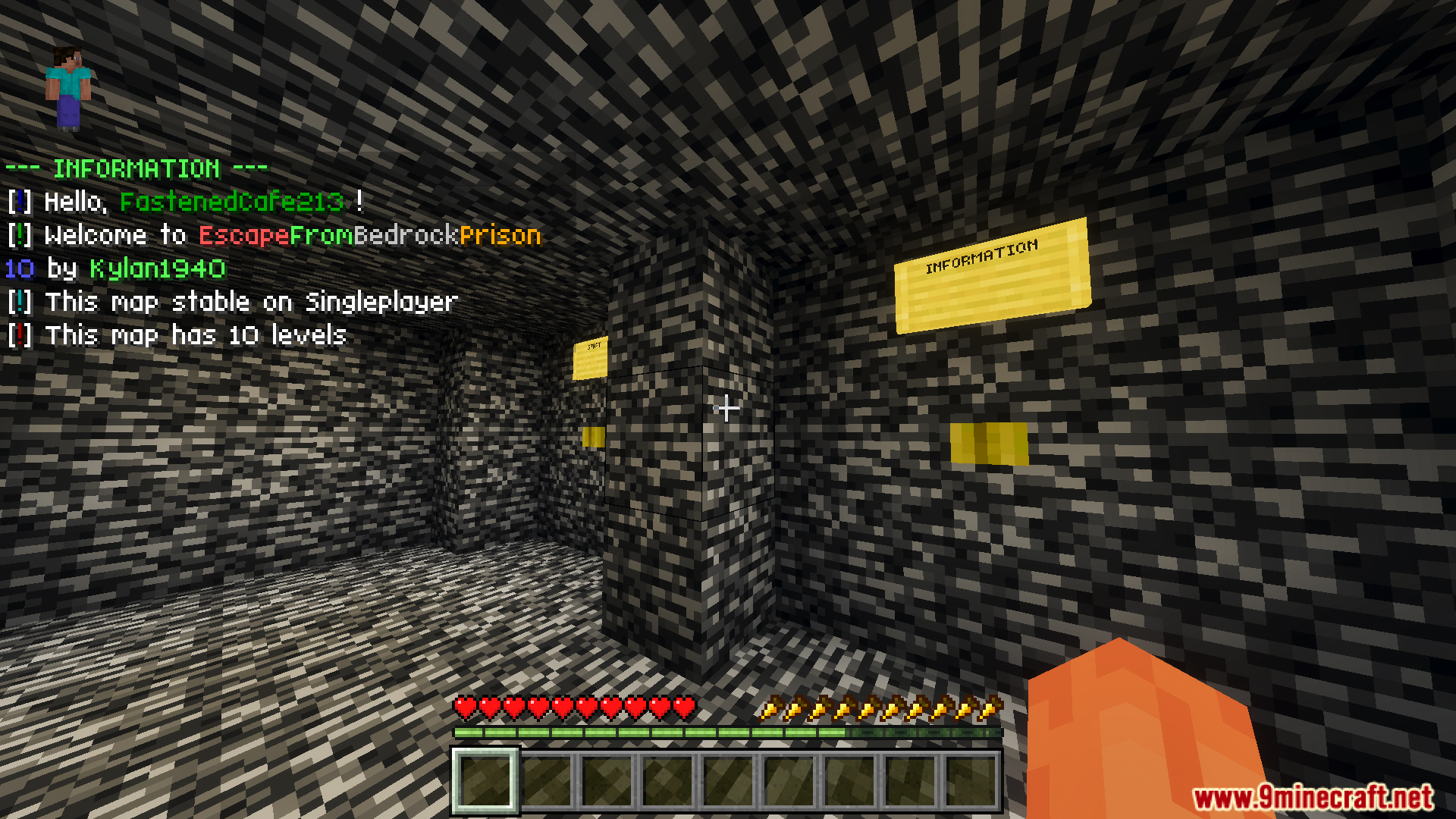 Player in a bedrock room starting the Escape From Bedrock Prison map
