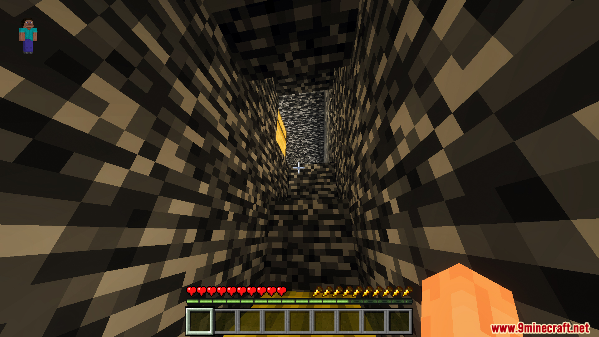 Navigating a tight bedrock corridor in the Escape from Bedrock Prison 10 map