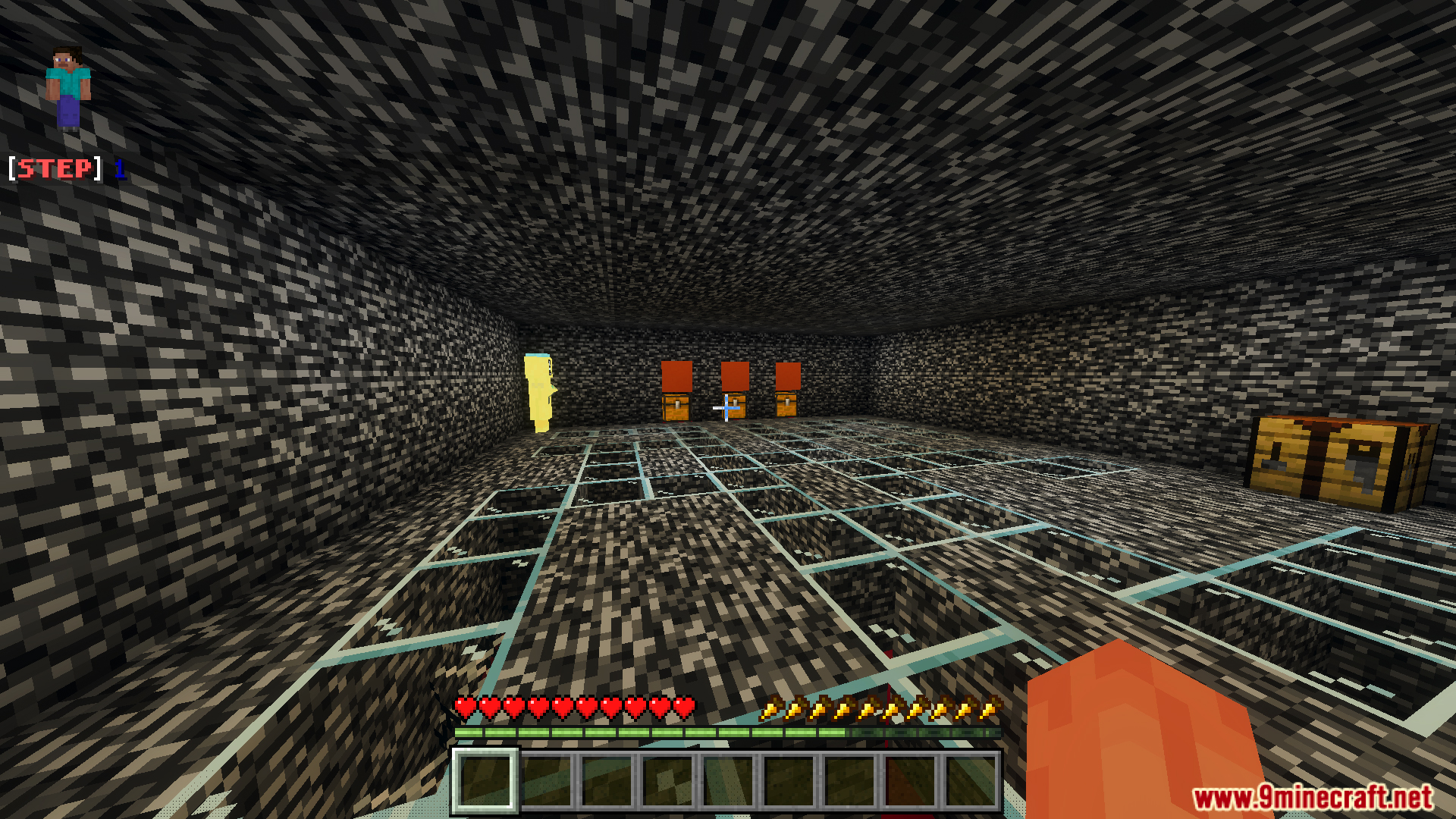 A large bedrock room featuring glass floor tiles and several wooden chests