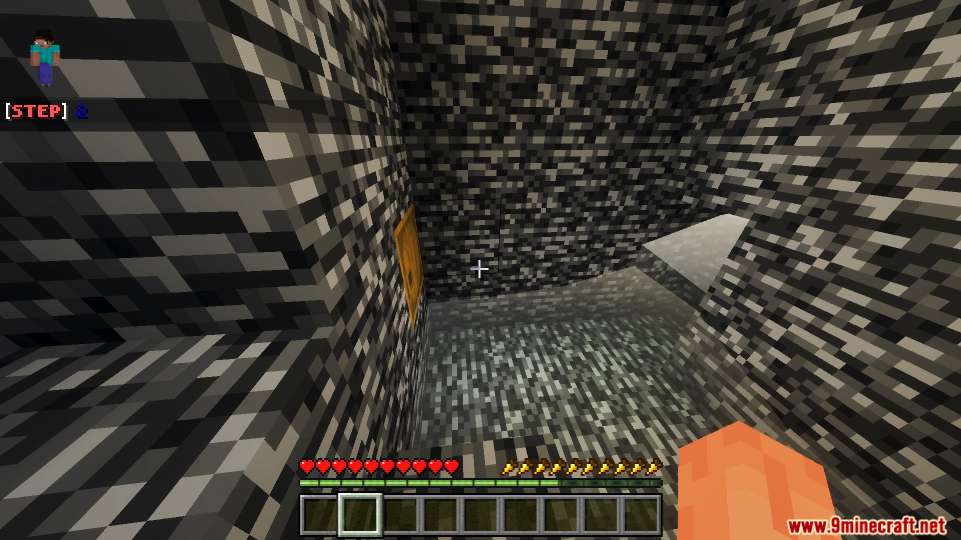 First person view of a player exploring a bedrock room with a door