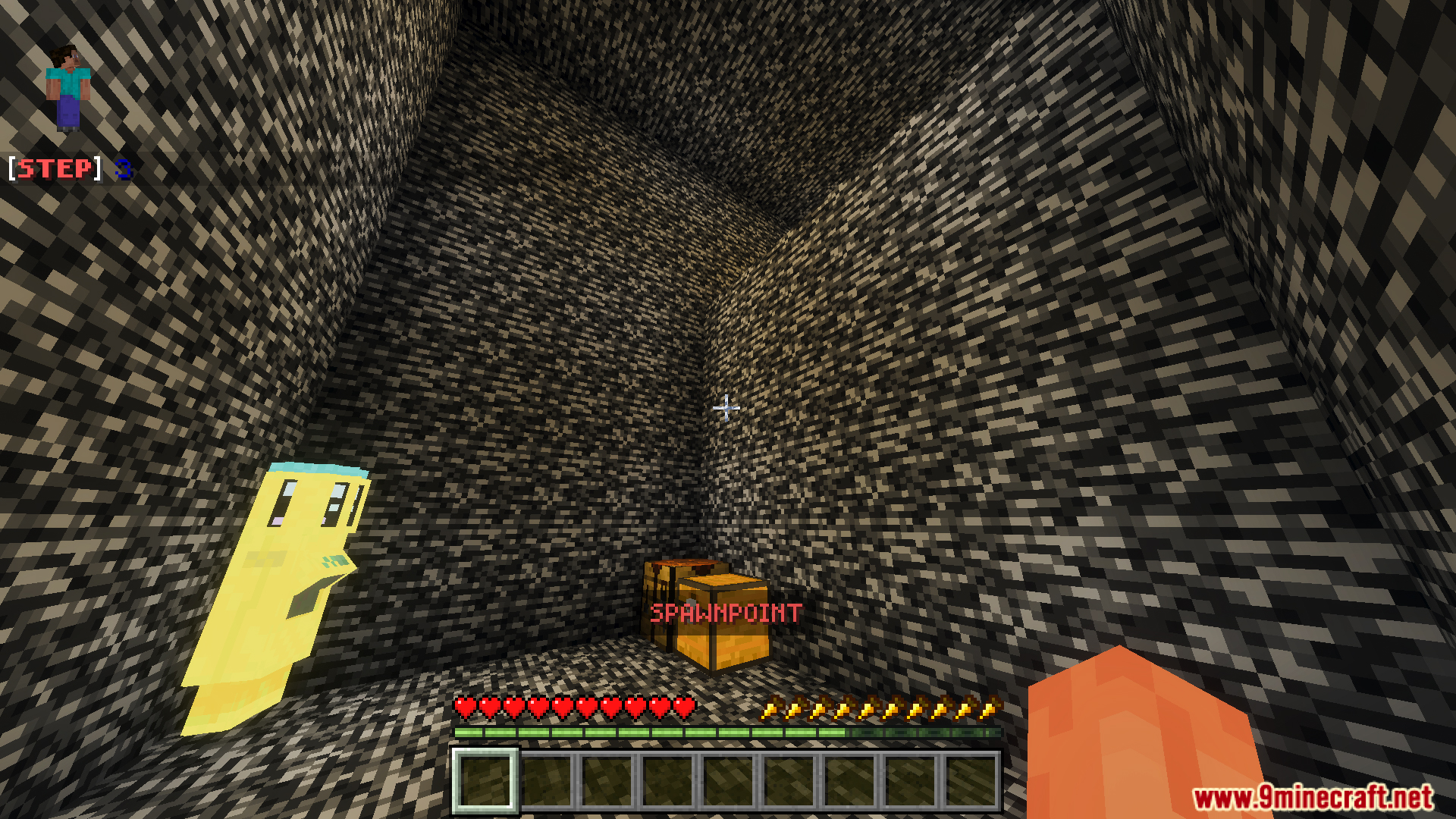 Starting room of Bedrock Prison with a chest and a yellow character