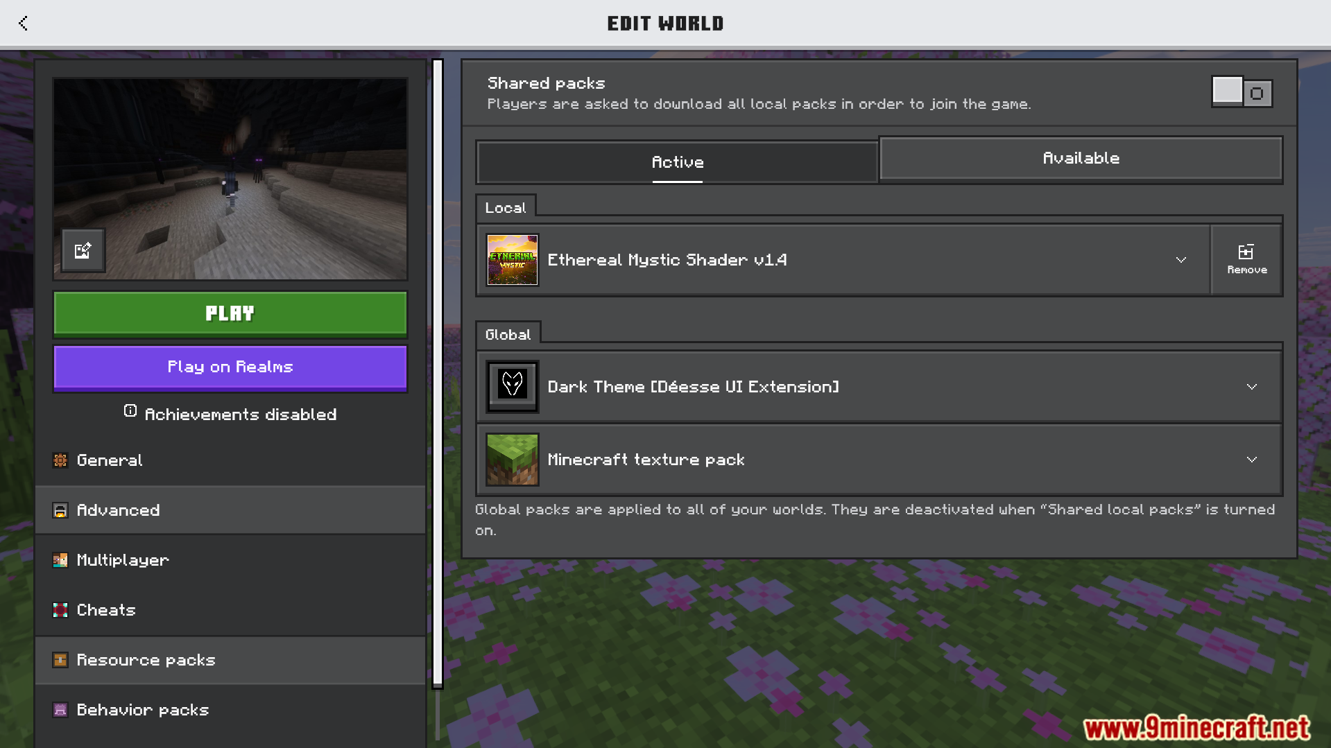 Ethereal Mystic Shader Screenshot 1 Minecraft Bedrock resource packs menu with the Ethereal Mystic Shader addon active