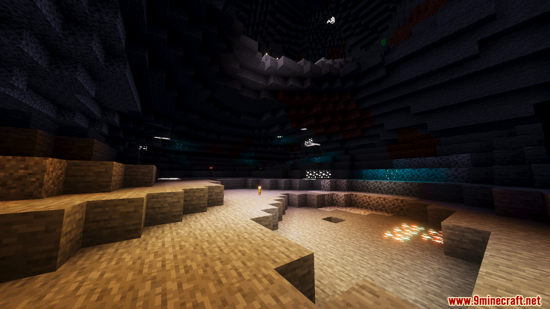 Ethereal Mystic Shader Screenshot 2 Large underground cavern with magical glowing ores and soft shadows from the shader