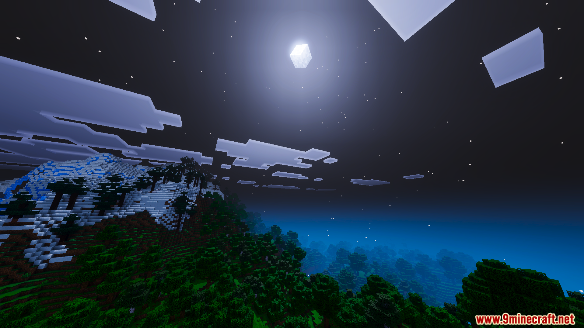 Ethereal Mystic Shader Screenshot 5 Snowy mountains and dense forests under a bright moonlit night sky
