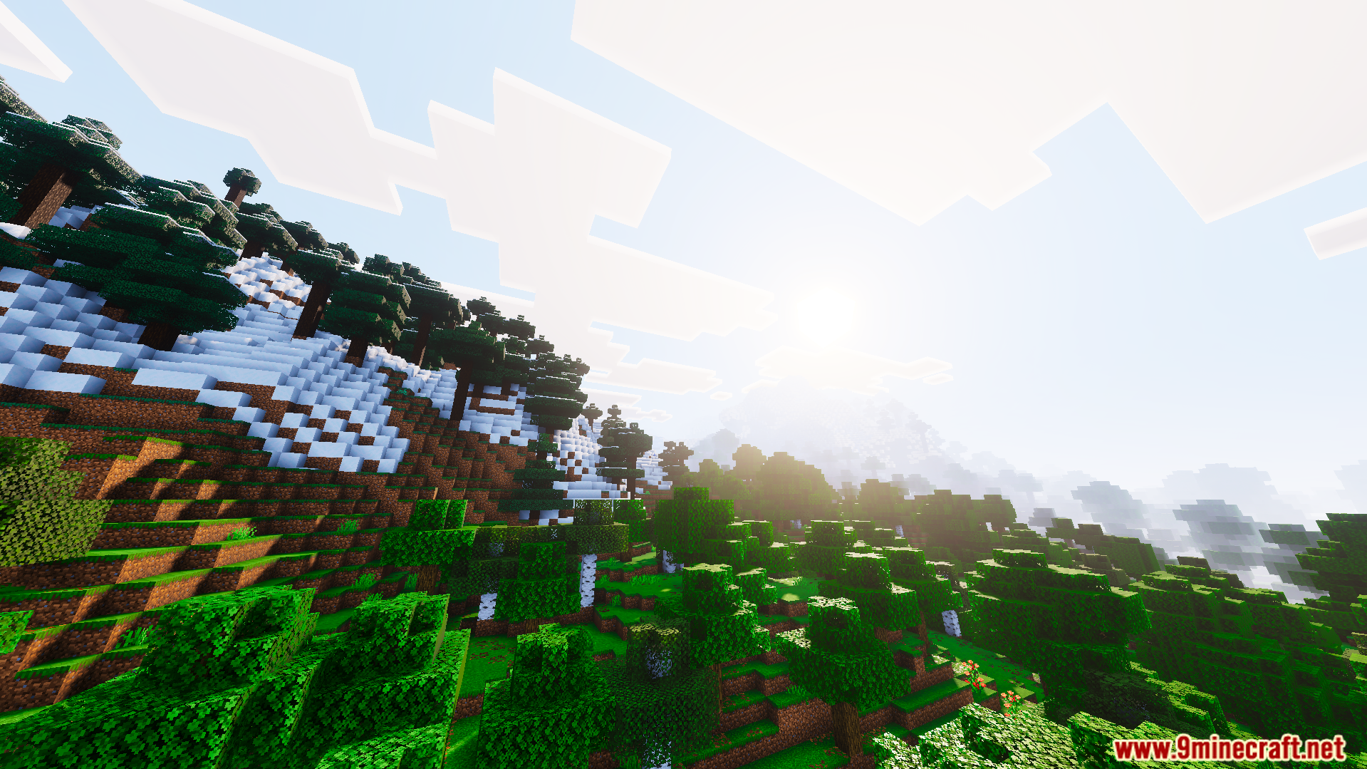 Ethereal Mystic Shader Screenshot 8 Snowy mountain slope with green trees and thick mist in the distance