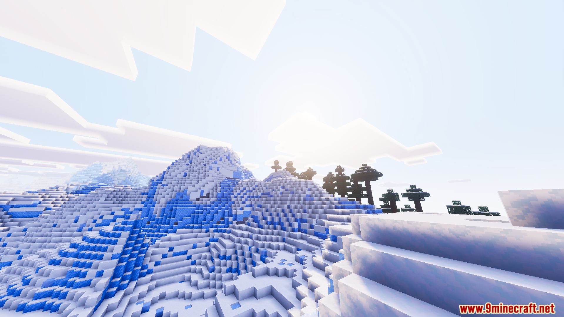 Ethereal Mystic Shader Screenshot 9 Cinematic snowy mountain landscape with soft blue shadows and dreamy faded color tones