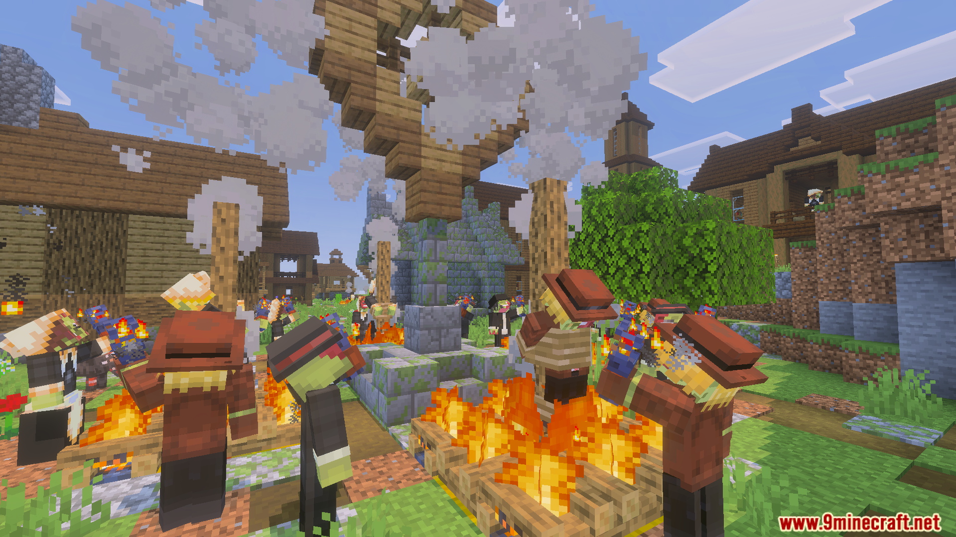 Neutral workers and werewolves gathering around burning campfires in a wooden village