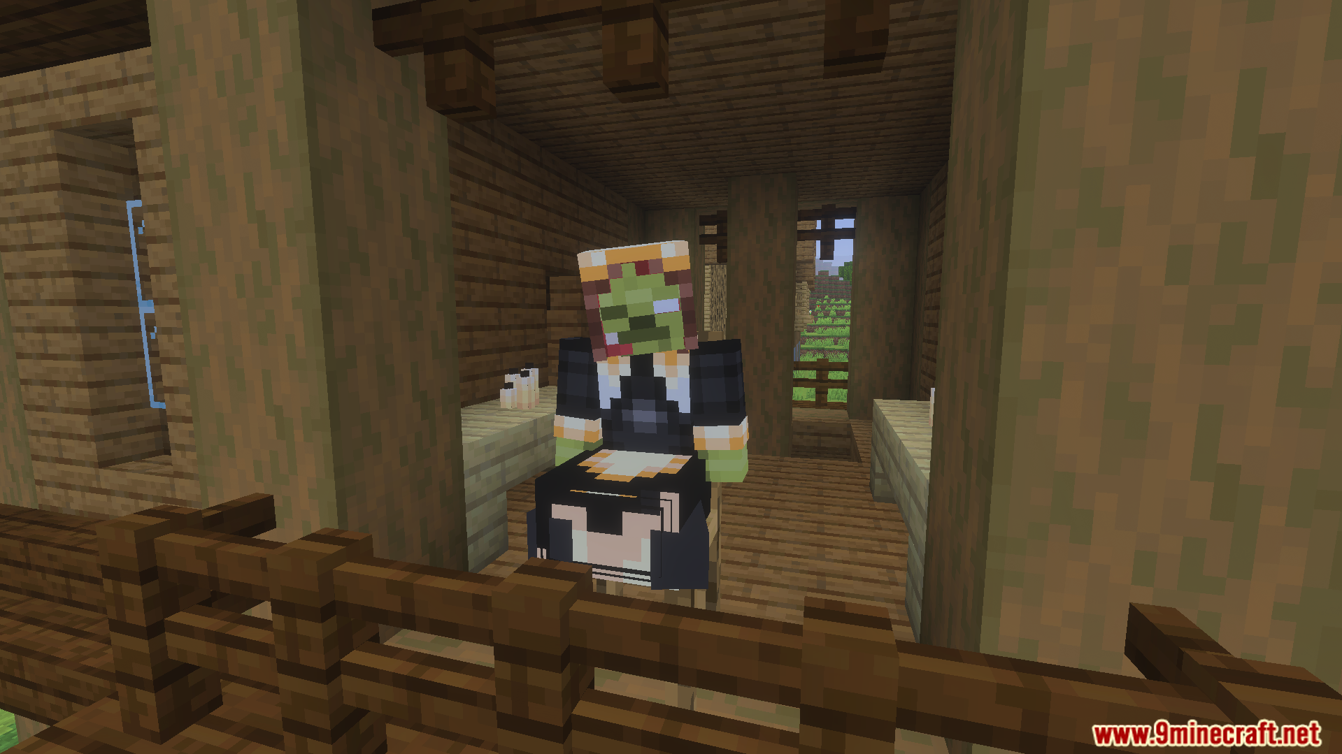 Neutral worker NPC wearing a maid outfit inside a wooden building structure