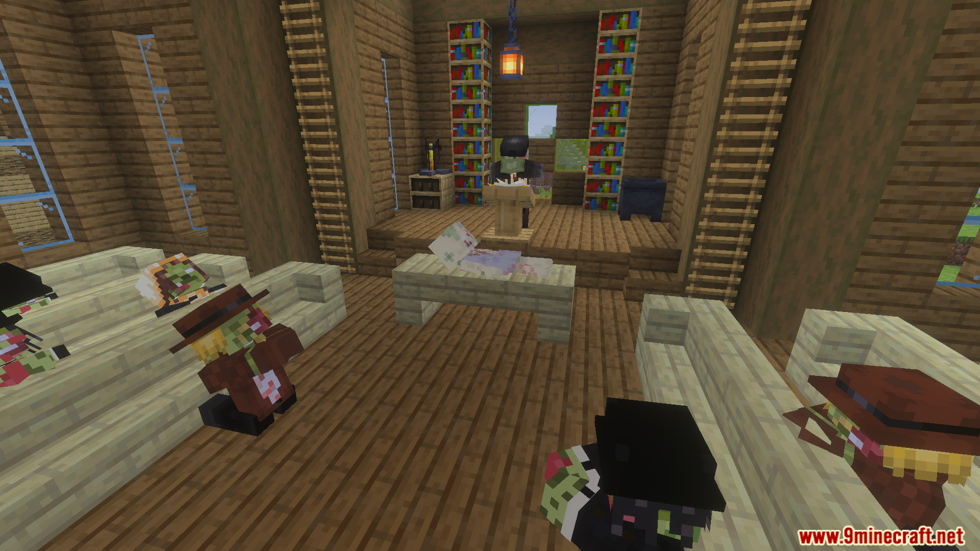 Evil scarecrows and neutral workers performing a dark ritual inside a wooden building