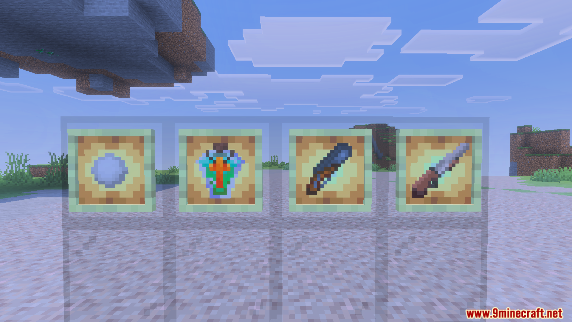 Four rare items including a pistol and holy water in item frames