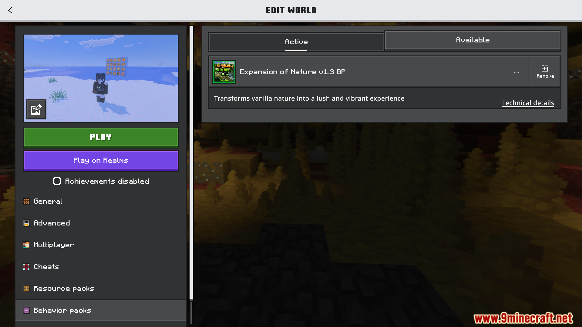 Edit world interface showing the active Expansion of Nature behavior pack addon