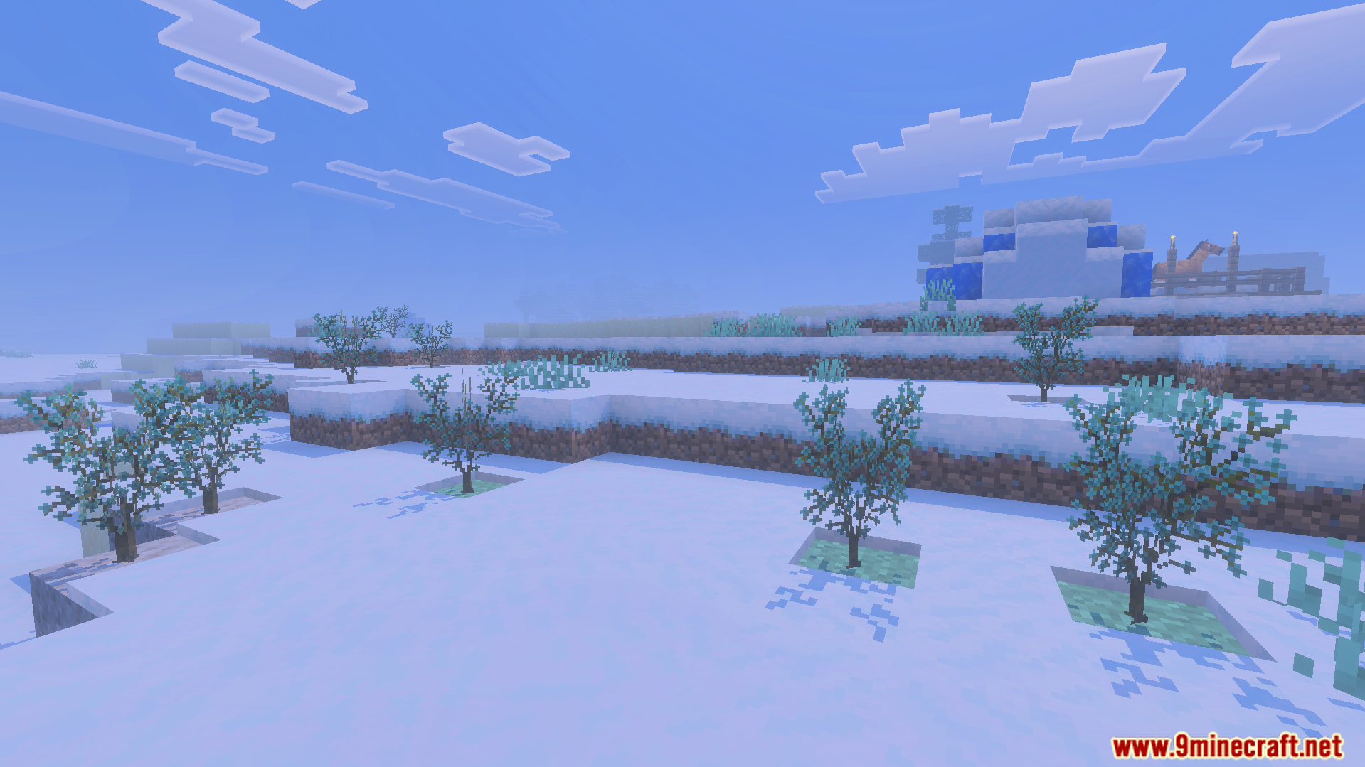 New decorative blue plants growing in a snowy Minecraft biome landscape