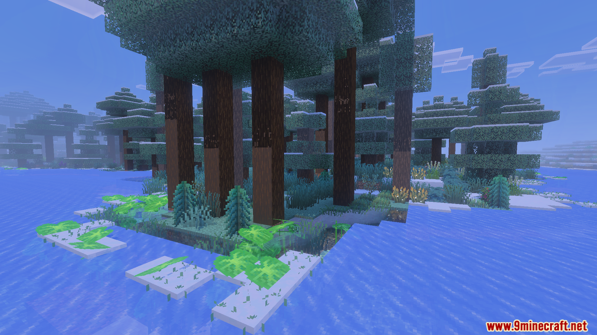 Tall trees and lush green plants growing near water in a swampy Minecraft biome