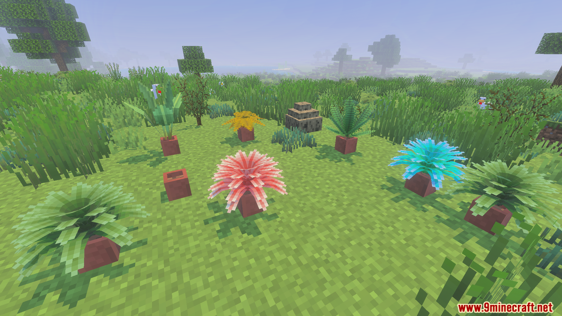 Colorful decorative plants and flowers placed inside pots in a Minecraft biome