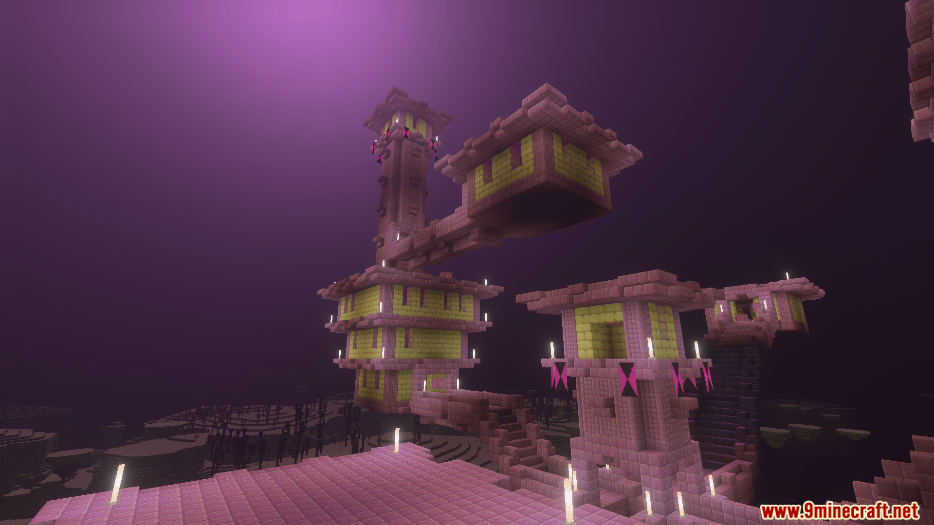 Explorers Title Addon Screenshot 8 A large End City structure with purpur towers under a purple sky