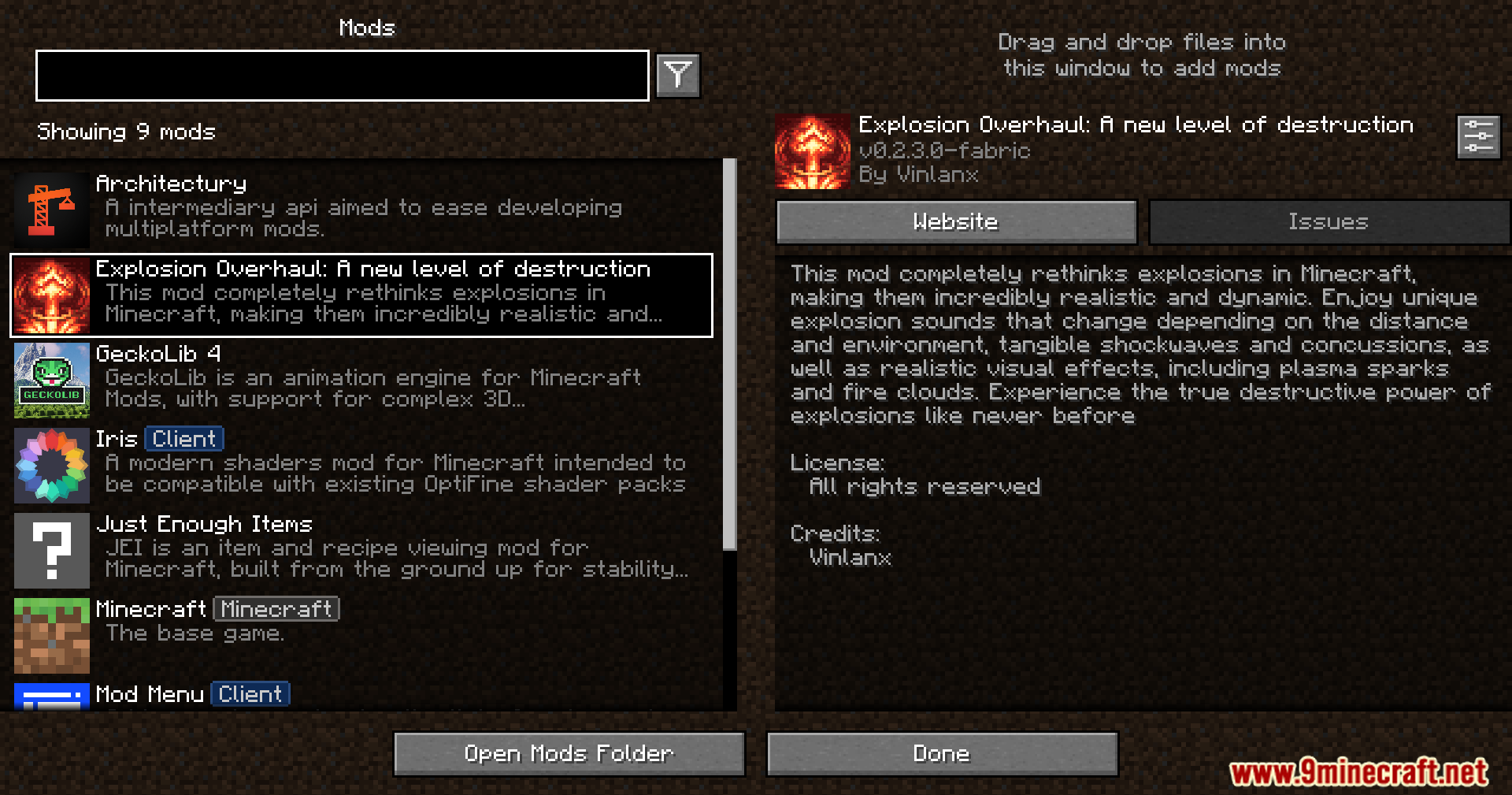 Explosion Overhaul a New Level of Destruction Mod Screenshot 1 Minecraft mod menu interface showing details for the explosion overhaul game mod