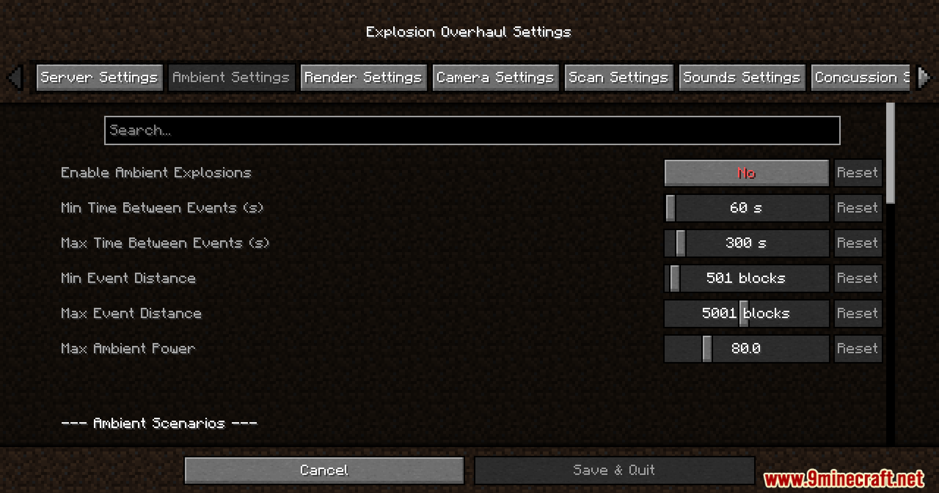Explosion Overhaul a New Level of Destruction Mod Screenshot 10 Ambient settings tab for the mod with time and distance configuration sliders