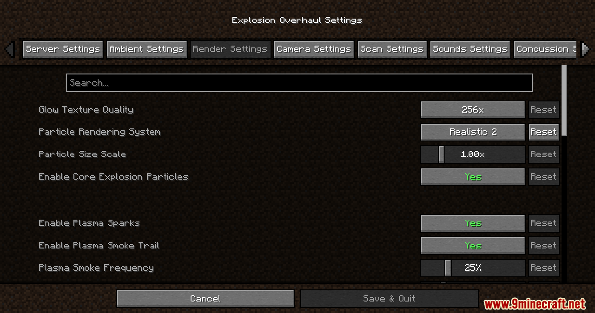 Explosion Overhaul a New Level of Destruction Mod Screenshot 11 Detailed configuration menu for Explosion Overhaul mod with various rendering settings