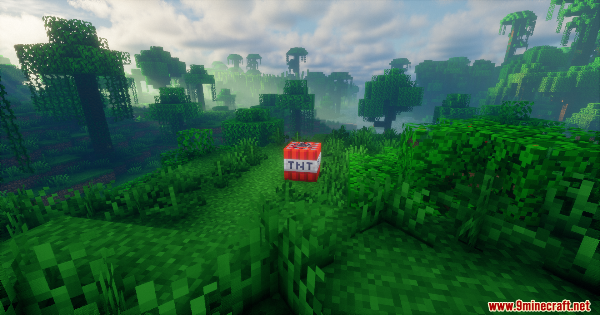 Explosion Overhaul a New Level of Destruction Mod Screenshot 12 A single TNT block sitting in a lush green jungle biome