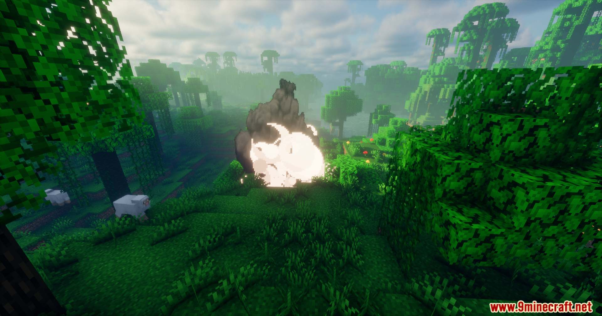 Explosion Overhaul a New Level of Destruction Mod Screenshot 13 A massive fireball explosion erupts near sheep in a dense Minecraft jungle