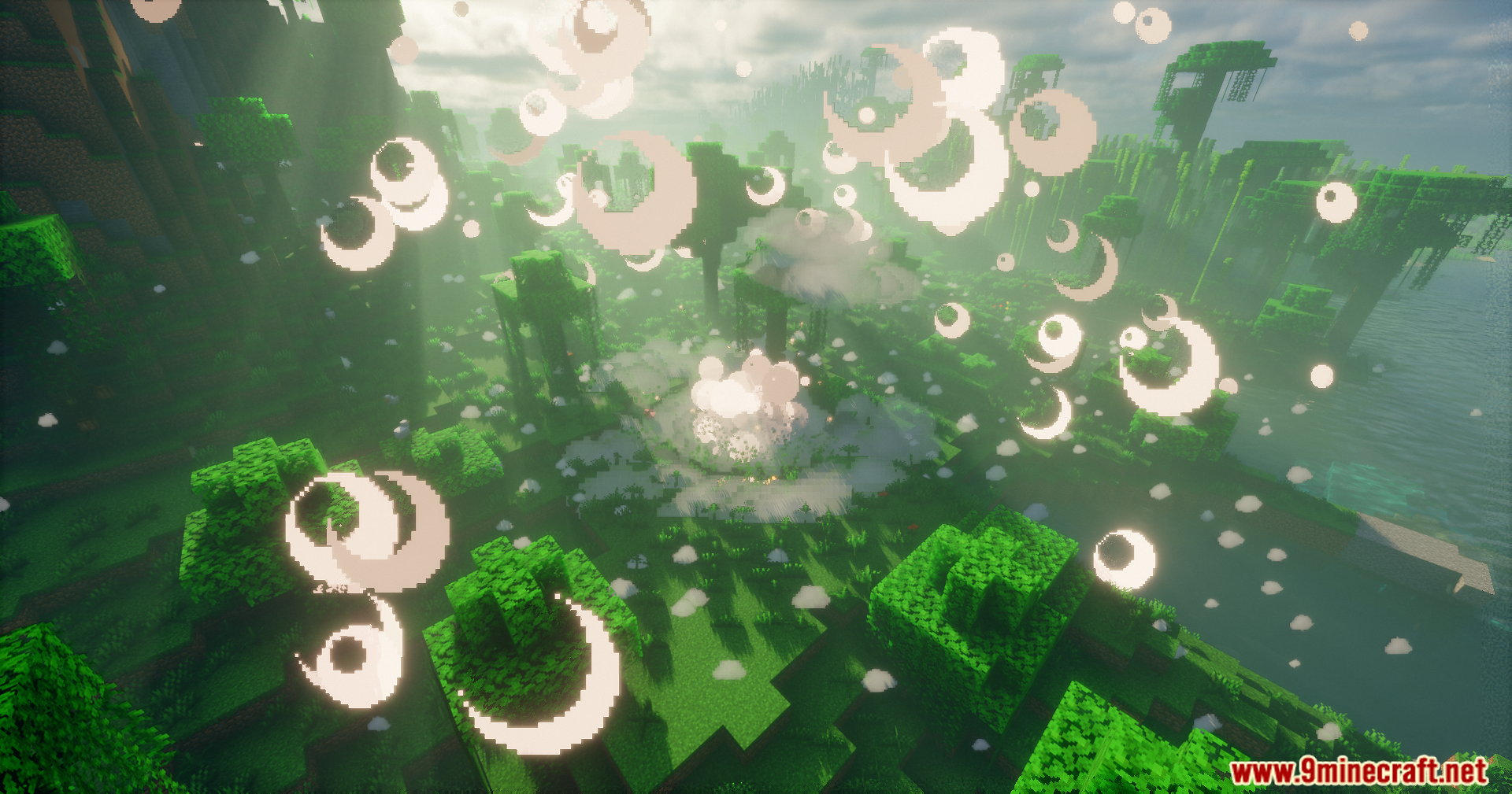 Explosion Overhaul a New Level of Destruction Mod Screenshot 15 Massive explosion with white shockwave rings and smoke in a Minecraft jungle