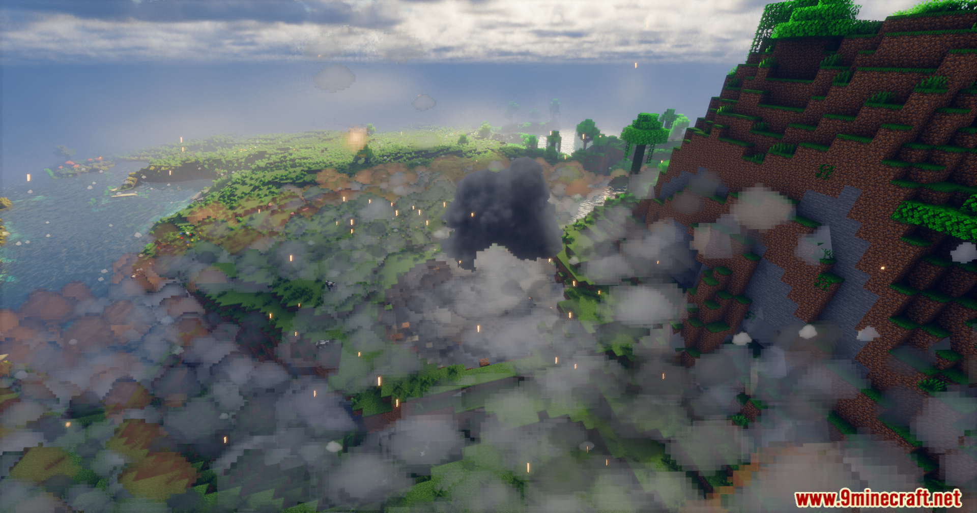 Explosion Overhaul a New Level of Destruction Mod Screenshot 19 A massive explosion creates thick smoke and flying sparks over a green landscape