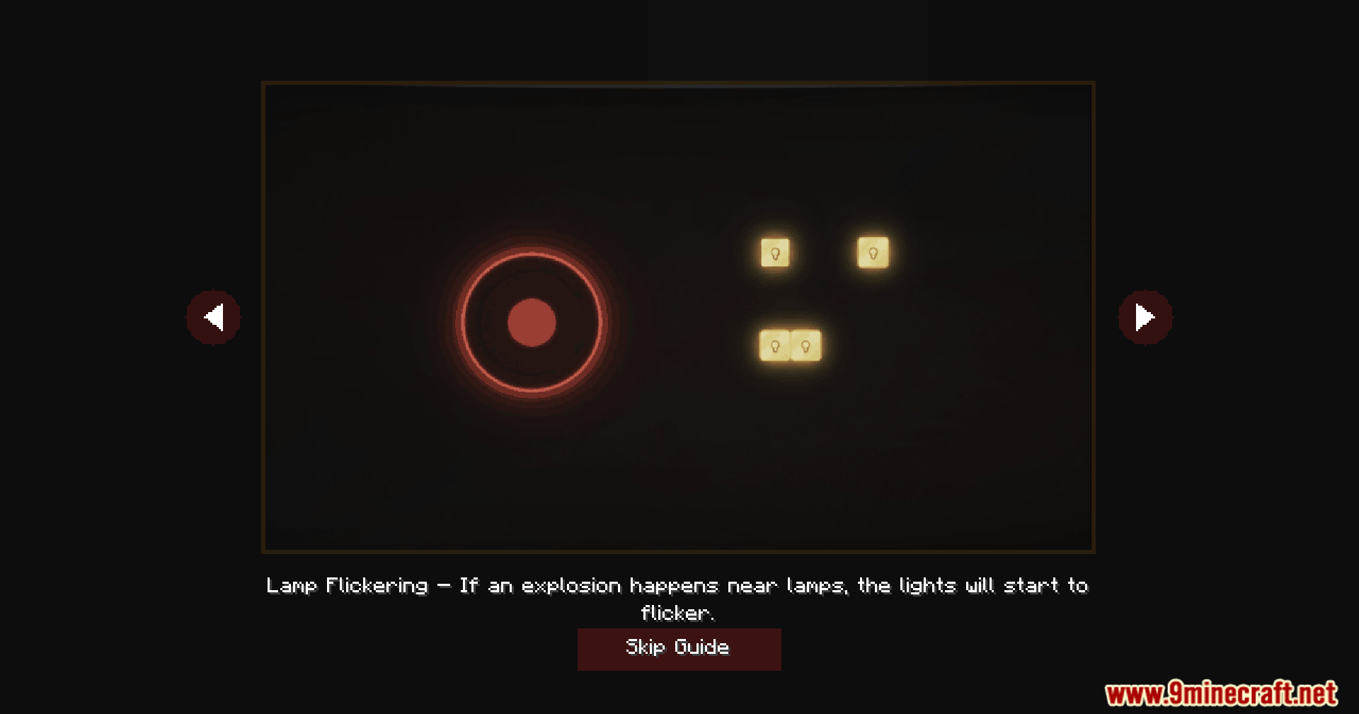 Explosion Overhaul a New Level of Destruction Mod Screenshot 5 Tutorial screen explaining how explosions cause nearby redstone lamps to flicker