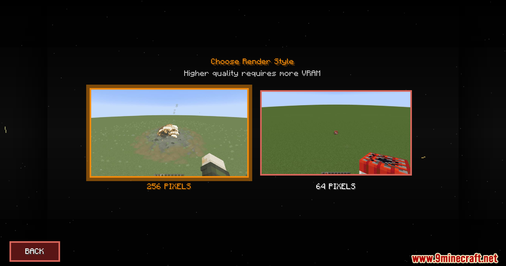 Explosion Overhaul a New Level of Destruction Mod Screenshot 8 Menu screen for selecting render quality between high and low pixel options