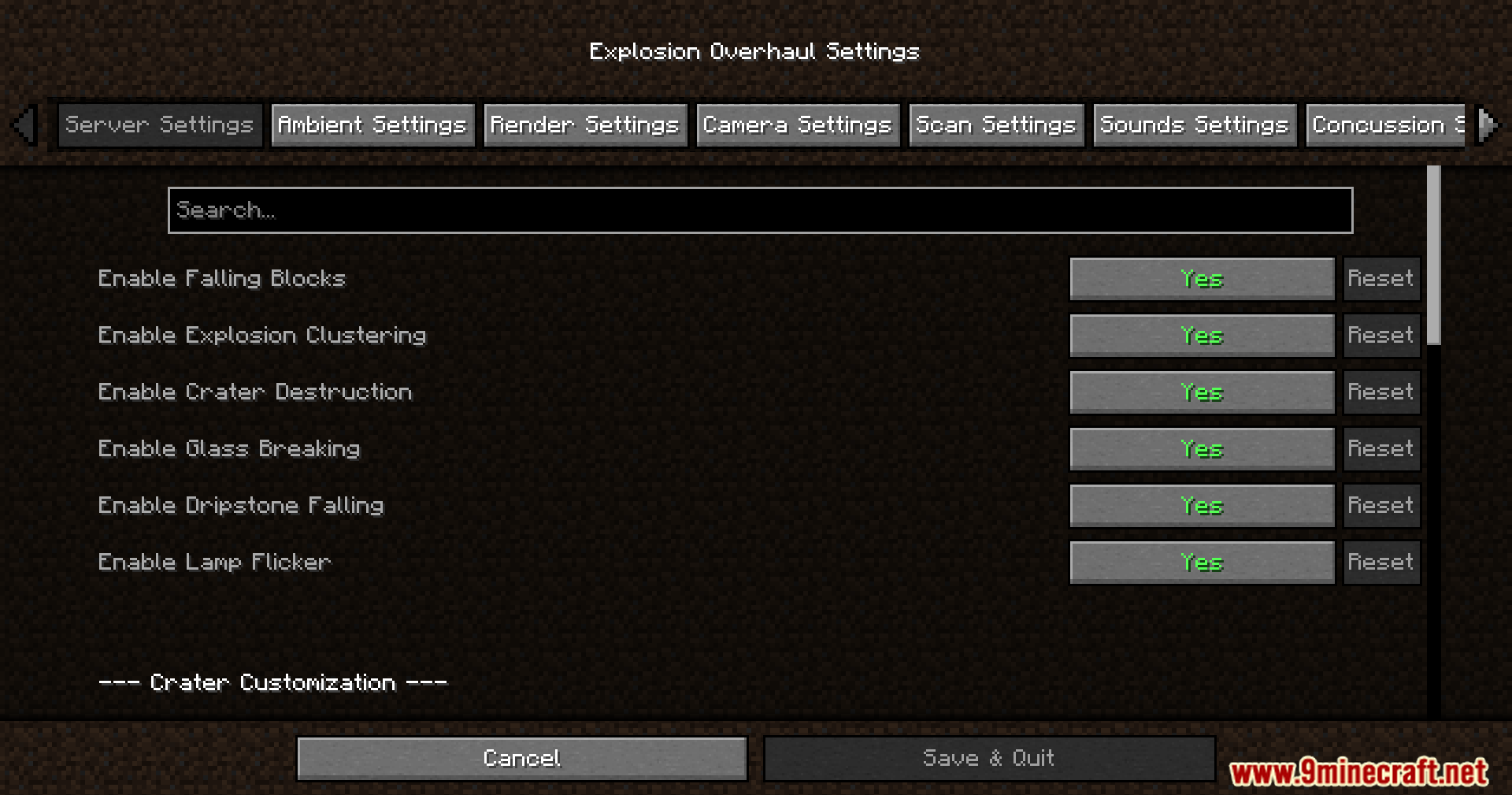 Explosion Overhaul a New Level of Destruction Mod Screenshot 9 Server settings menu for Explosion Overhaul mod showing various enabled toggle options