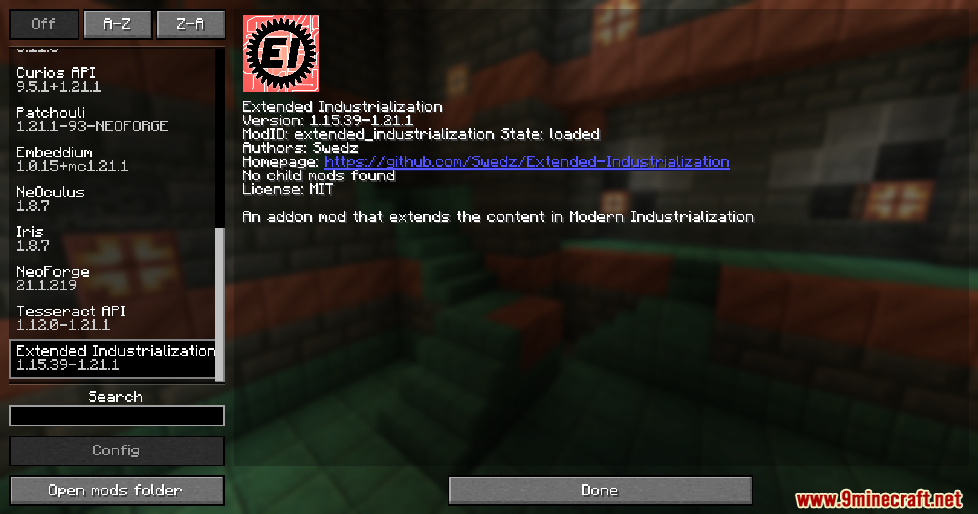 Extended Industrialization Mod Screenshot 1 Mod menu interface displaying version and details for the Extended Industrialization addon