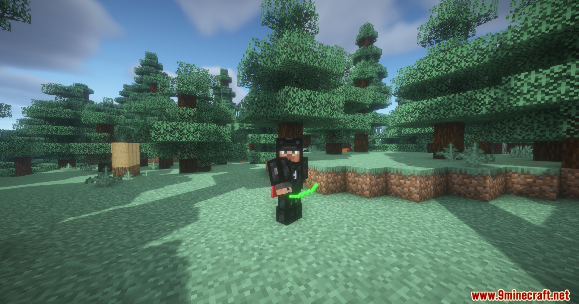 Extended Industrialization Mod Screenshot 13 A Minecraft player wearing a Nano Suit holding a green laser tool