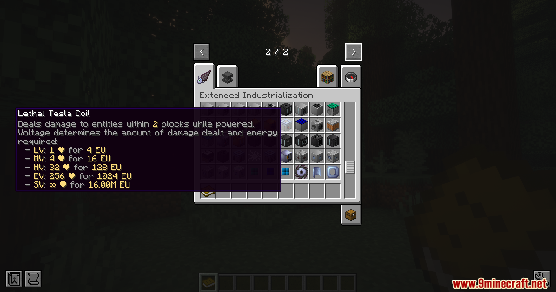 Extended Industrialization Mod Screenshot 2 Inventory screen showing the Lethal Tesla Coil tooltip with various voltage stats