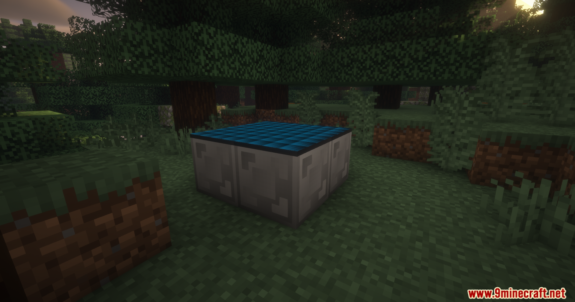 Extended Industrialization Mod Screenshot 3 A solar panel array placed on gray blocks within a dark forest biome