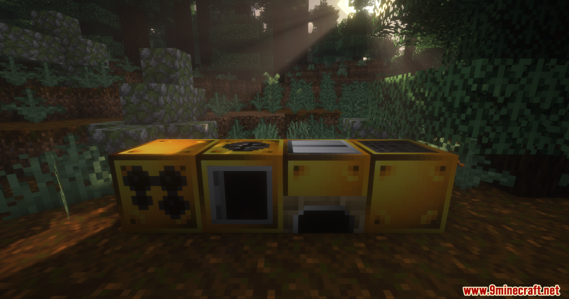Extended Industrialization Mod Screenshot 7 Four yellow industrial machines from Extended Industrialization lined up in a forest