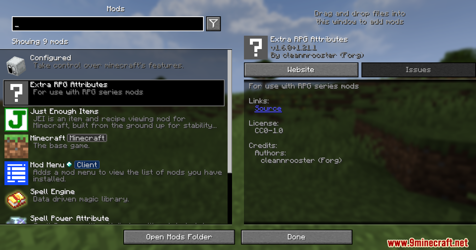 Extra Spell Attributes Mod Screenshot 1 Minecraft mod menu interface showing the Extra RPG Attributes mod details